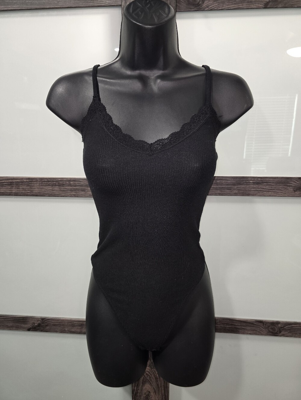 American Eagle waffle knit lace trim black bodysuit size XS